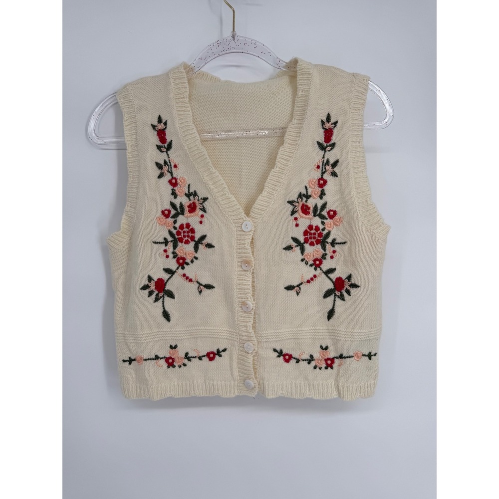 SHEIN Women Cream Floral Embroidered Knit Cardigan Vest V-Neck Sz S